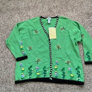 SOLD NWT Quacker Factory Green Cardigan with Bee and Floral Design Vintage